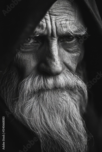 Elderly man with deep-set eyes and a long white beard, reflecting wisdom, solitude, life experiences, black and white portrait, emotional depth, contemplation.