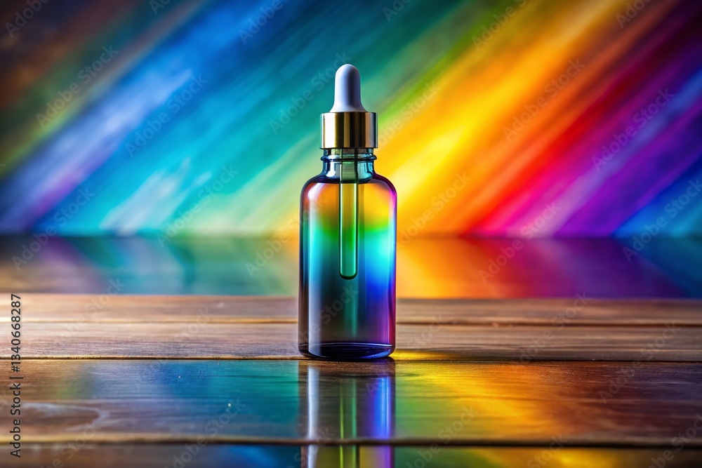 Naklejka premium Rainbow Glass Dropper Bottle on Wood, Minimalist Product Photography