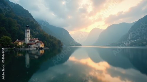 A professional photo of Lake Orta in Italy at dawn, with a foggy atmosphere, captured from a panoramic perspective. The soft light and mist create a serene, peaceful scene.