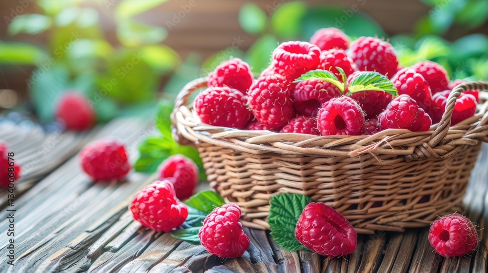 A basket filled with ripe raspberries on a wooden surface. The concept of harvest and the bounty of nature.