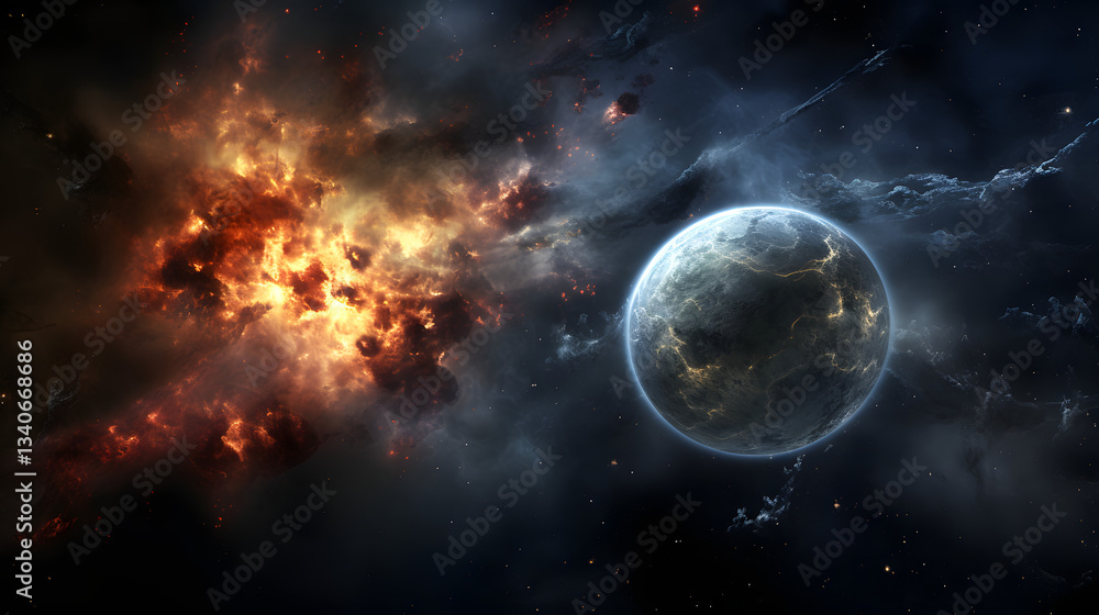 Obraz premium A stunning depiction of a planet suspended in the sky offering a glimpse into interstellar interactions and the beauty of colliding galaxies.