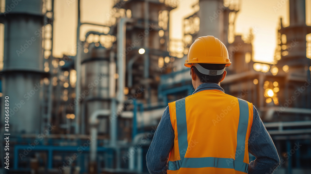 Oil industry worker standing in front of refinery pipes during sunset. AI Generated Images Oil industry worker standing in front of refinery pipes during sunset. AI Generated Images