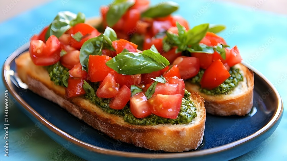 Bruschetta topped with fresh tomatoes and basil on a bed of pesto, served on toasted bread. Concept Bruschetta Delight, Fresh Tomatoes, Basil Essence, Pesto Bed, Toasted Bread Treats Bruschetta topped with fresh tomatoes and basil on a bed of pesto, served on toasted bread. Concept Bruschetta Delight, Fresh Tomatoes, Basil Essence, Pesto Bed, Toasted Bread Treats