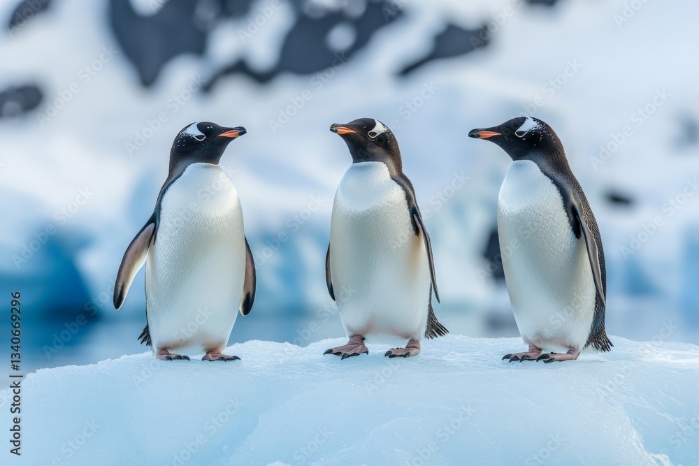 Naklejka premium Gentoo penguins gather on an iceberg in Antarctica during the soft light of dawn