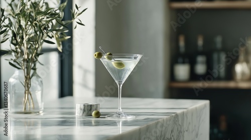 Martini glass on a marble countertop in a kitchen. the glass is filled with a clear liquid and has two olives on the rim. on the left side of the countertop, there is a small vase with green leaves.