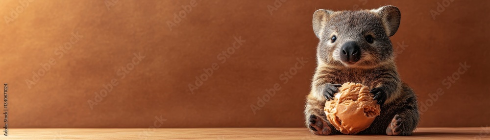 Obraz premium Cheeky Wombat Savoring a Peanut Butter Treat in a Cozy Studio Setting
