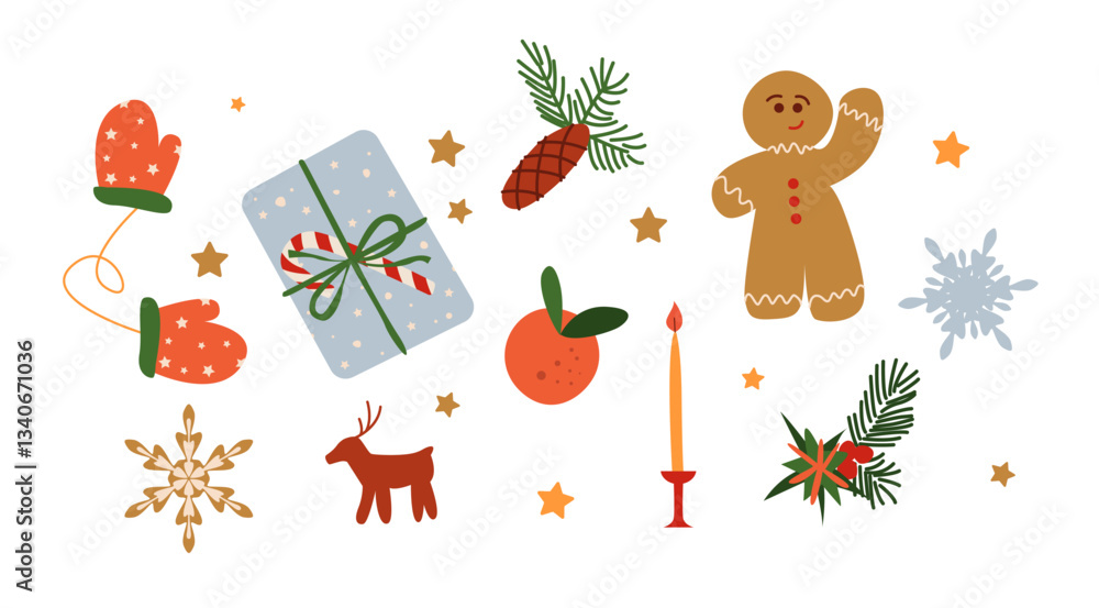 Naklejka premium Christmas Set: Holiday Present, Gingerbread Man, Cookies, Snowflake, Tangerine, Winter Mittens, Fir Tree Branch with Cone, Holly and Candlelight. Vector Christmas Decoration in Flat Style.