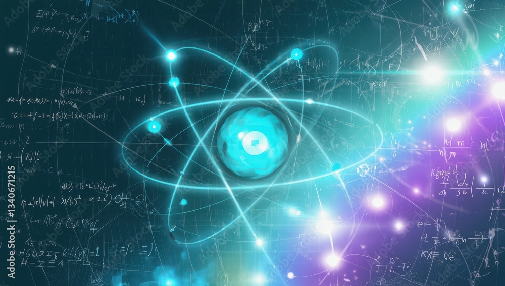 Naklejka premium Atom model and scientific equations