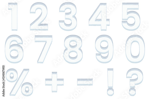 3d glass holographic liquid transparent numbers font from 0 to 9, percent sign, question mark, exclamation, plus and minus symbol. Rainbow glossy balloons with gradient render. 3D illustration