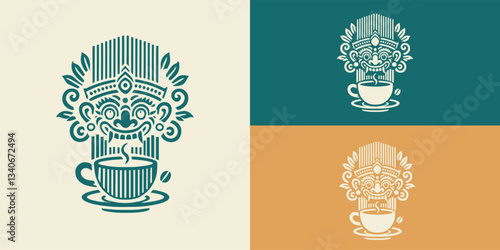 Barongs Balinese with Coffee Logo Icon Vector Illustration