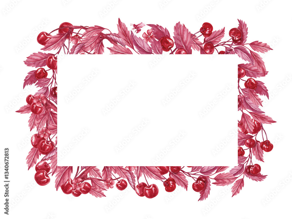 Obraz premium Cherry branches rectangular frame with template inside. Watercolor illustration isolated from the background. Red monochrome style. Perfect for packaging tincture, liqueur, compote, dumplings, logo