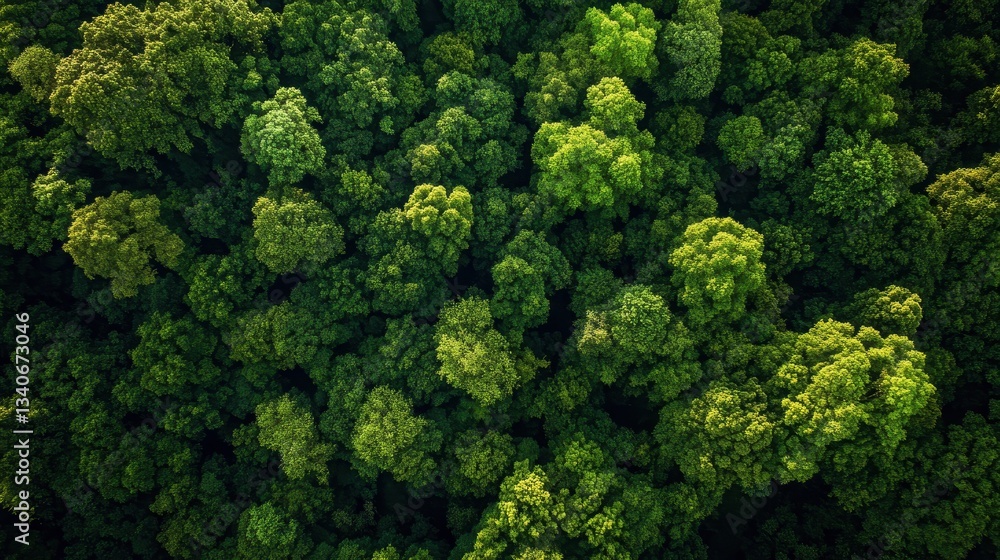 Naklejka premium Aerial view of lush green forest canopy, nature conservation, Earth Day, vibrant ecosystem, biodiversity, sustainable living, outdoor adventure, tranquility.