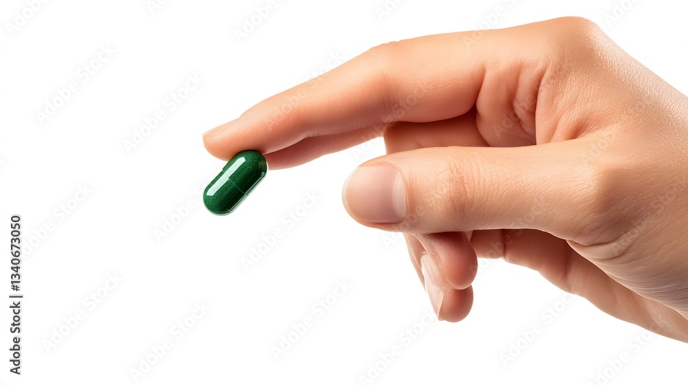 A person is holding a single green capsule between fingers A person is holding a single green capsule between fingers