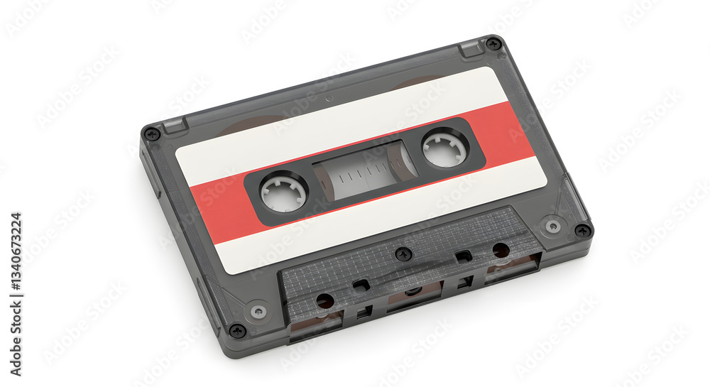 Retro Compact Cassette Tape with Red Stripe, Isolated on White Retro Compact Cassette Tape with Red Stripe, Isolated on White