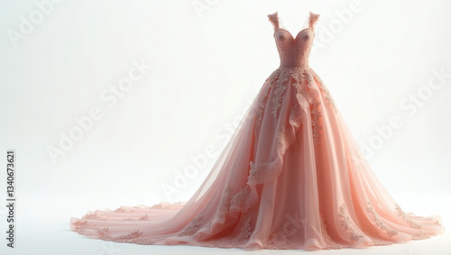 This image showcases an elegant wedding gown displayed on a mannequin against a clean, minimalist background