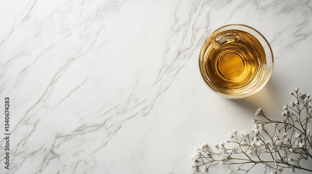 Flat lay of a glass of whiskey on a white marble surface. the glass is filled with a golden-colored liquid, which appears to be whiskey, and is placed on the right side of the image. Flat lay of a glass of whiskey on a white marble surface. the glass is filled with a golden-colored liquid, which appears to be whiskey, and is placed on the right side of the image.