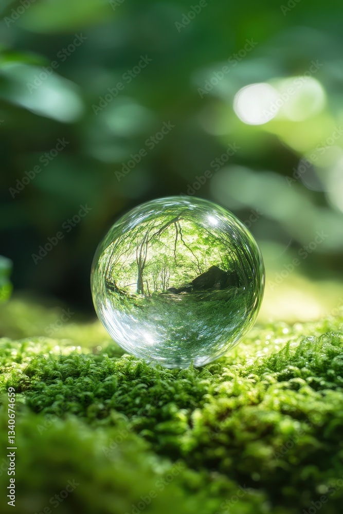 Glass crystal ball reflecting lush green forest, natures beauty, sustainability, Earth Day inspiration, tranquil scenery, environmental awareness, eco-friendly focus. Glass crystal ball reflecting lush green forest, natures beauty, sustainability, Earth Day inspiration, tranquil scenery, environmental awareness, eco-friendly focus.