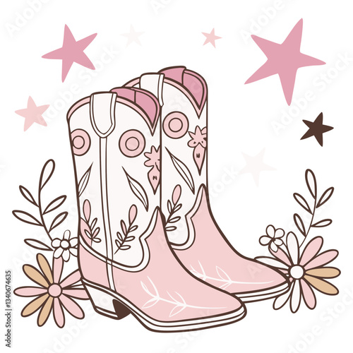 Illustration of Pink Cowboy Boots with Floral Design