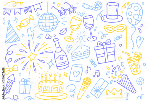 Colorful doodle illustration with festive elements. Vector illustrations on a white background. Perfect for parties, celebrations, and special events design.