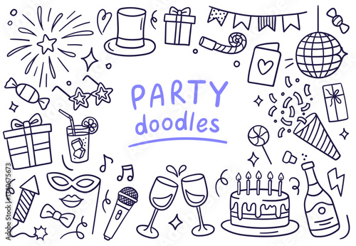 Black and white doodles of party elements: cake, gifts, glasses, champagne, balloons, fireworks, masks, music, and decorations. Vector illustrations on a white background.