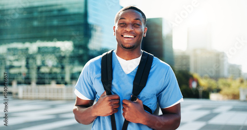 Portrait, black man and medical student in city of healthcare study, about us and education ambition. Male person, backpack and morning commute of nursing internship, academic scholarship and program