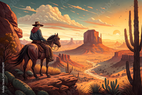 A cowboy in a hat riding a horse stands on a cliff watching the sunset. The landscape has warm earth tones.