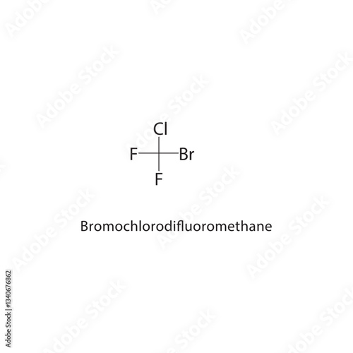 Bromochlorodifluoromethane skeletal structure. Brominated Halomethane compound schematic illustration. Simple diagram, chemical formula.