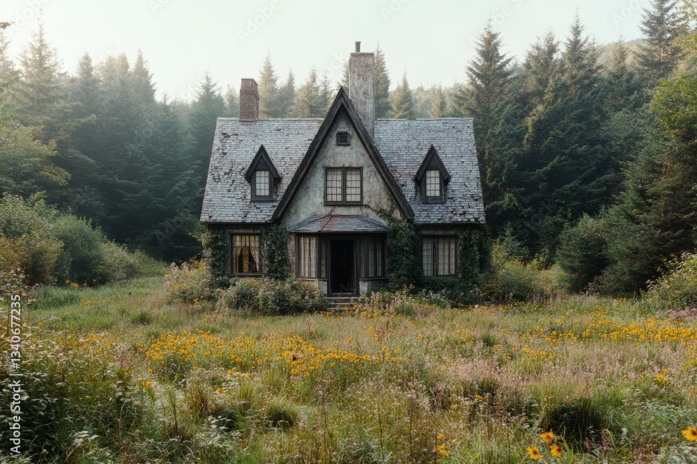 Fototapeta premium A gothic-style country house standing tall in a vibrant summer field, with dark ivy climbing the walls and an ominous shadow stretching across the sunny landscape