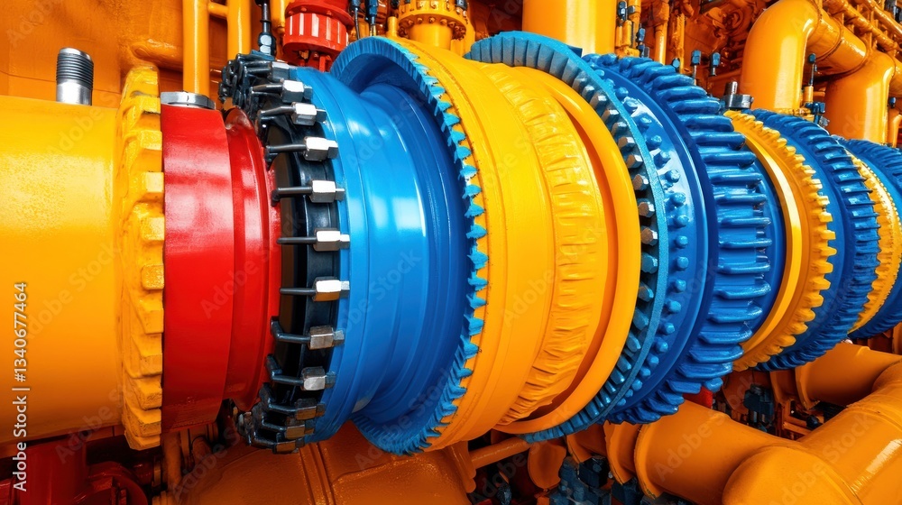 Vibrant Industrial Machinery: Close-up of Colorful Pipes and Gears Vibrant Industrial Machinery: Close-up of Colorful Pipes and Gears