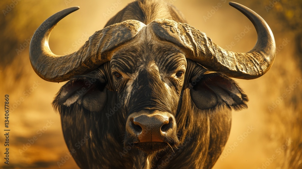 Naklejka premium Majestic buffalo in golden sunlight walking through the savannah at dawn capturing the essence of nature's beauty