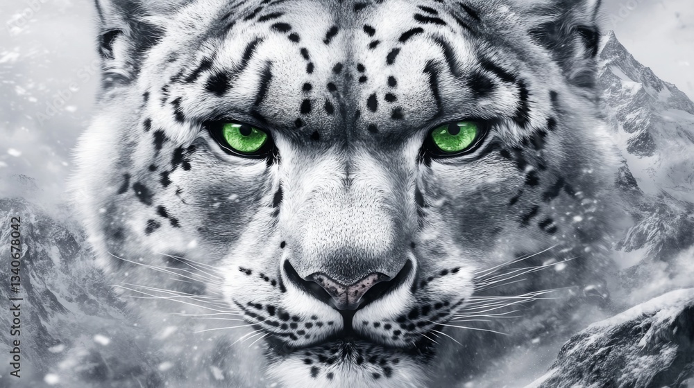 Naklejka premium Majestic snow leopard gazes intently amidst snowy mountain landscape during winter snowfall