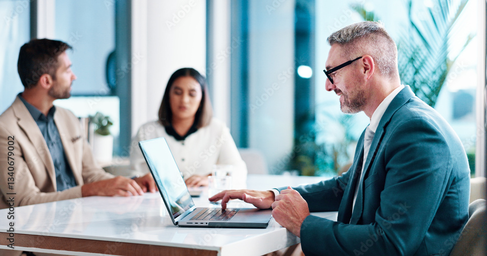 Fototapeta premium Meeting, businessman and ceo with laptop in office, financial report and review for corporate firm. Service, mature person and consultant with tech for investment research, reading and online for faq