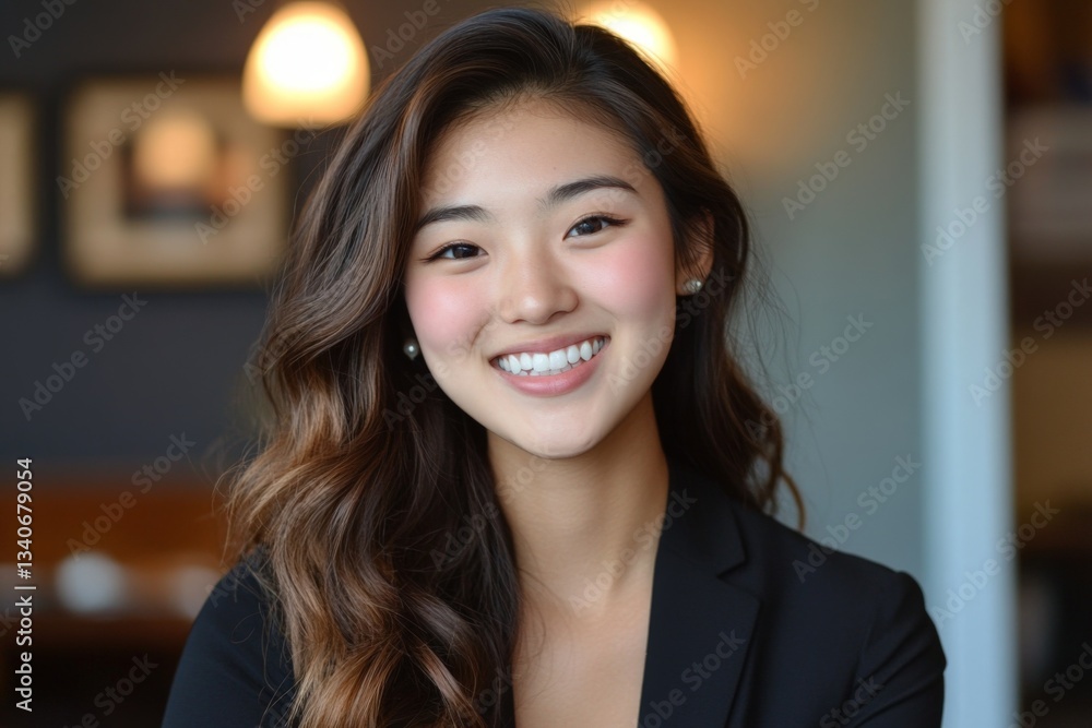 Smiling woman in a black blazer poses in a cozy indoor cafe setting with warm lighting and casual atmosphere Smiling woman in a black blazer poses in a cozy indoor cafe setting with warm lighting and casual atmosphere