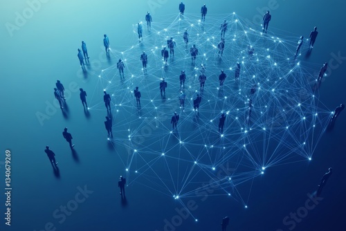 Network of connections formed by silhouettes on a digital landscape representing human interaction and technology