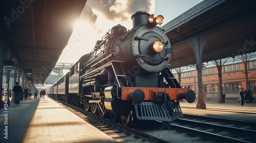 A photo of a classic train station with vintage train