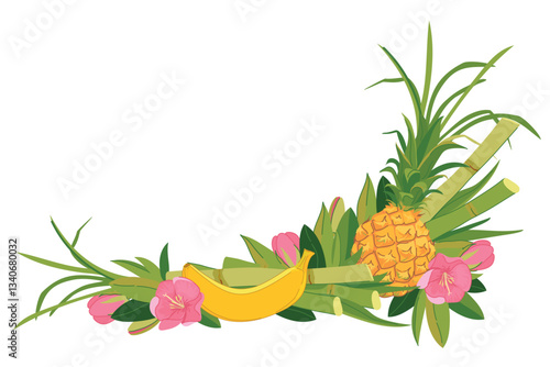Vector corner composition with refreshing banana, pineapple, green bamboo and tropical flowers. Beach bar menu illustration. Cruise vacation, summer holidays, party, cafe, vacation.