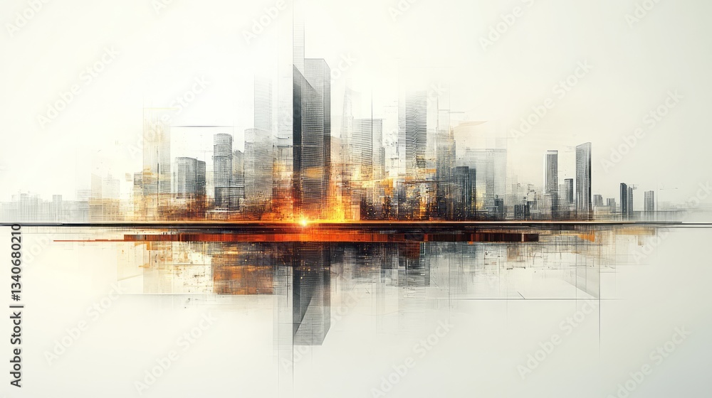 Fototapeta premium Abstract modern cityscape reflected in water with brilliant orange sunset