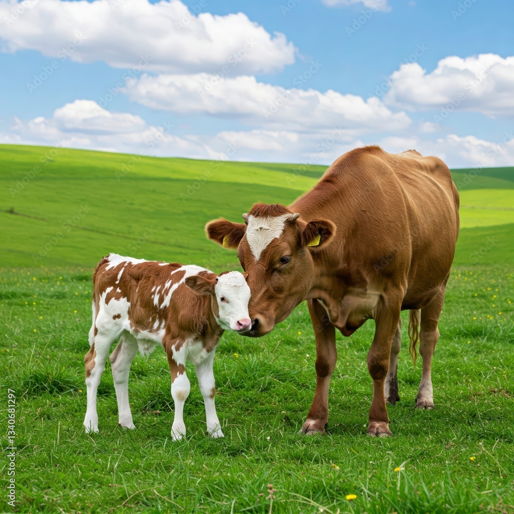 A brown cow and calf standing together in a green field with a blue sky and scattered clouds in the background.
A brown cow and calf standing together in a green field with a blue sky and scattered clouds in the background.