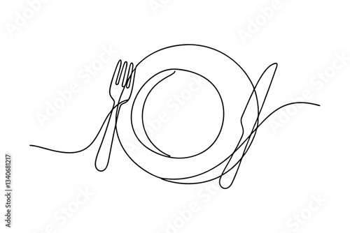 Single Line Drawing Plate, Fork, Knife, Minimalist Food Icon