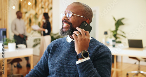 Принти на полотні Phone call, smile and man in office, talking and consultation for update on publication or conversation