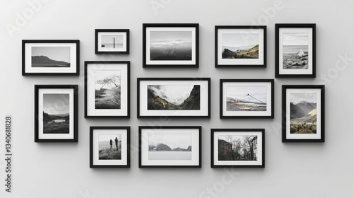 Gallery wall of framed landscape photographs in minimalist arrangement.