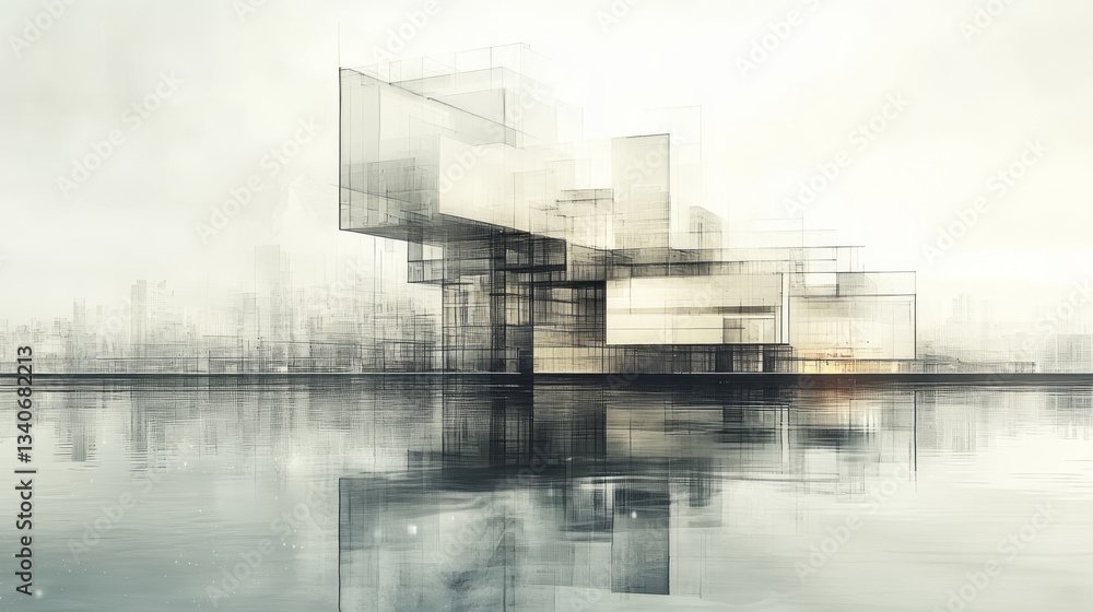 Obraz premium Abstract futuristic architecture reflected in water creates ethereal atmosphere