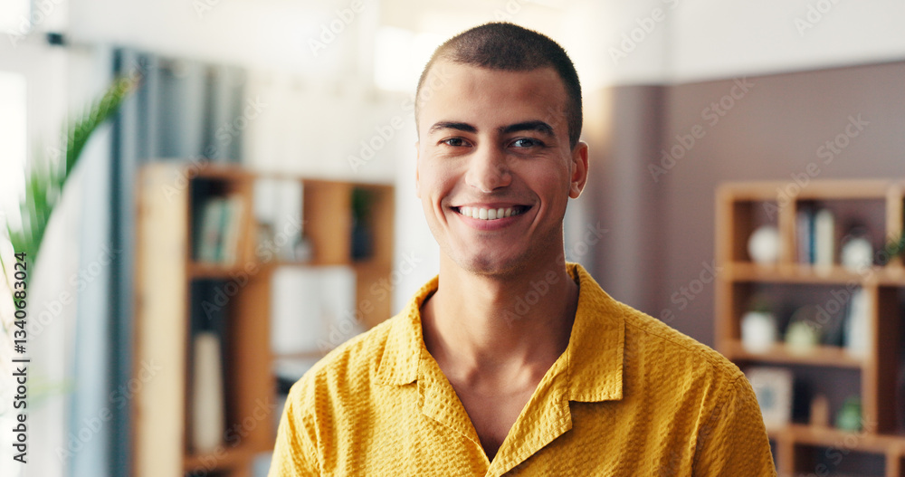 Home, portrait and smile with man in living room on weekend for rest or time off as student. Holiday, relax and wellness with confident or happy person in apartment for college or university break Home, portrait and smile with man in living room on weekend for rest or time off as student. Holiday, relax and wellness with confident or happy person in apartment for college or university break