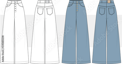 Women Flared Denim, Wide Leg Jeans, boho style with button. Front and Back View fashion illustration vector, CAD, technical drawing, flat drawing.