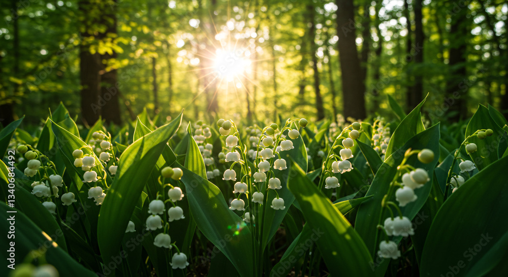 Obraz premium Collecting lilies of the valley in the forest, Sunlight filtering through trees illuminating a field of lilies of the valley in a forest