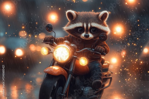 A pixel art depiction of a raccoon on a motorcycle racing through a pixelated city at night, with glowing streetlights and tiny stars in the sky