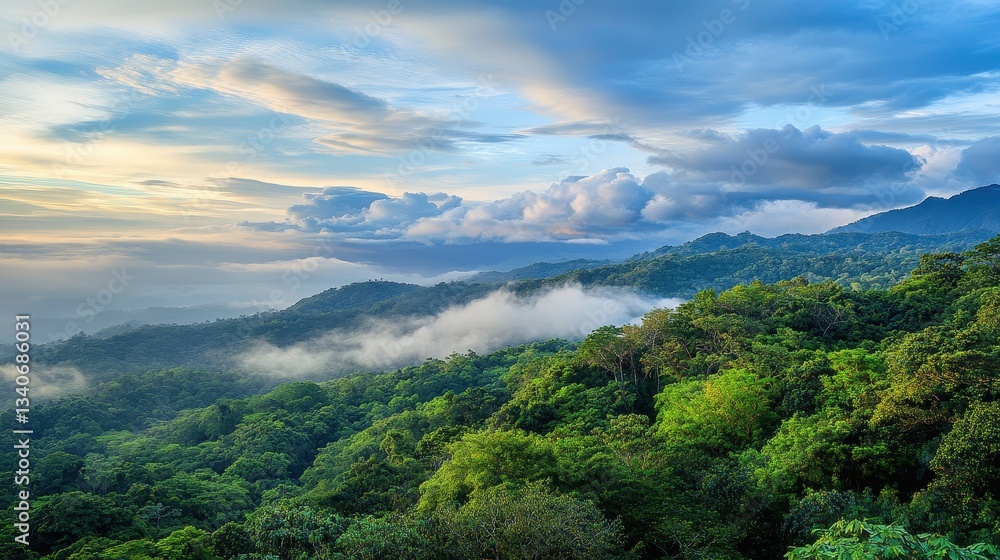 Fototapeta premium Lush green rainforest landscape at sunset, misty mountains, vibrant nature scene, outdoor adventure, eco-friendly tourism, Earth Day, sustainable living.