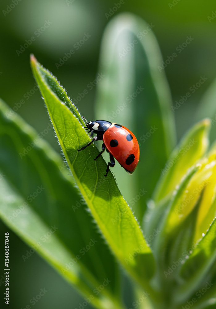 Collecting lilies of the valley in the forest, A ladybug perched on a green leaf in a warm sunlight environment showcasing nature's details Collecting lilies of the valley in the forest, A ladybug perched on a green leaf in a warm sunlight environment showcasing nature's details