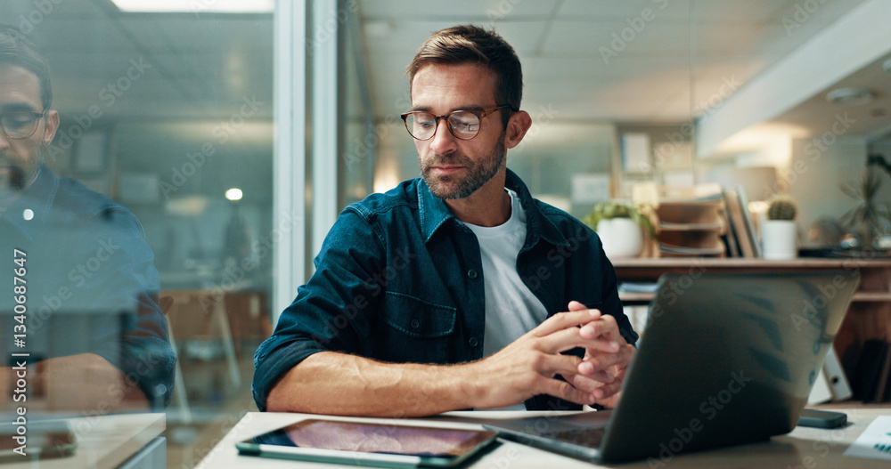 custom made wallpaper toronto digitalTablet, thinking and business man in office for solution or creative decision on laptop. Planning, reflection and serious worker with inspiration, idea or copywriter on deadline in startup at night