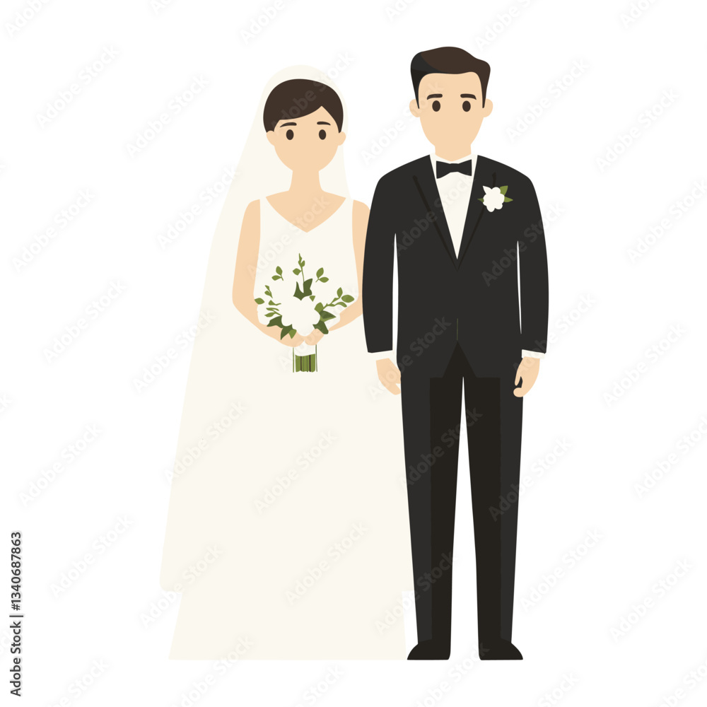 Bride and groom standing together illustration wedding dress vector